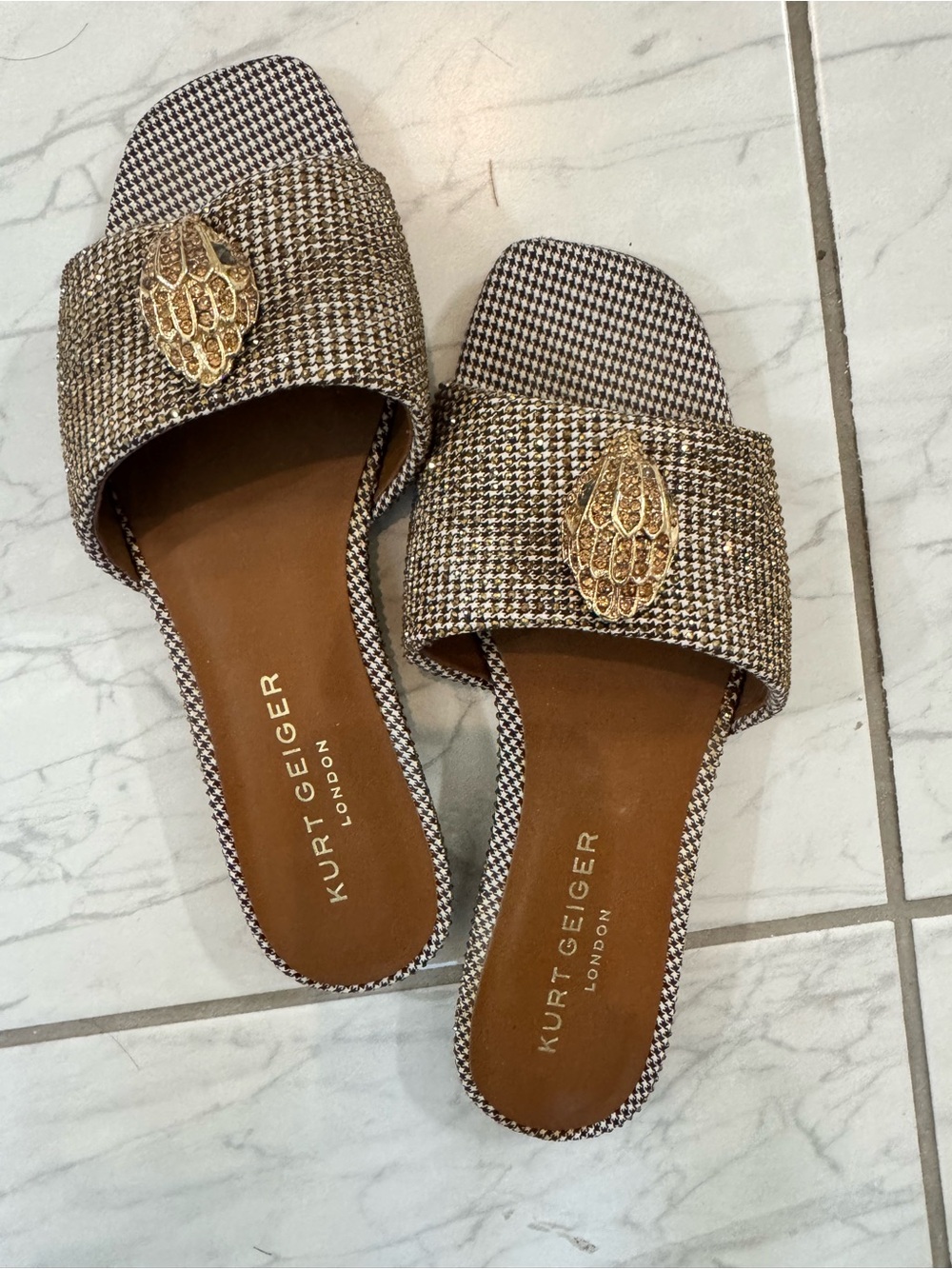 Kurt Geiger London Gold Crystal Embellished Slide Sandals | Size 38